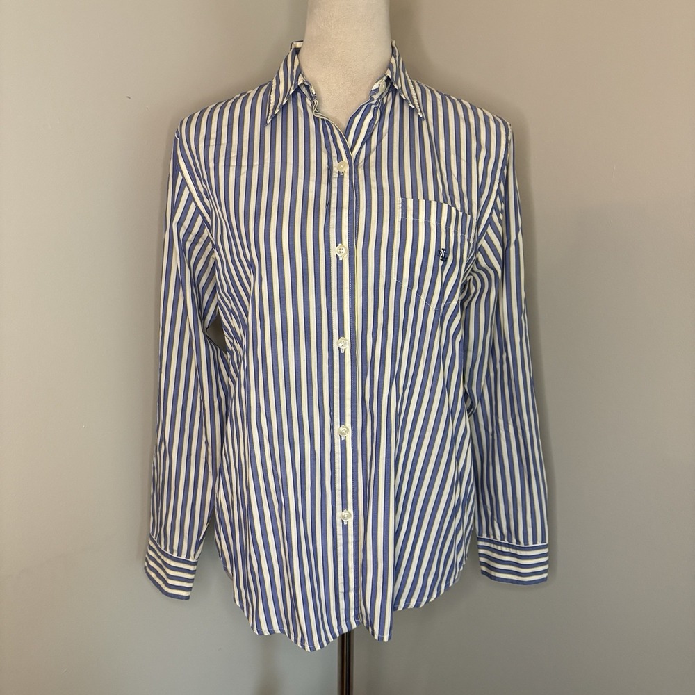VTG 90s Lauren Ralph Lauren Striped Button Up Shirt Logo Medium Blue Yellow M
